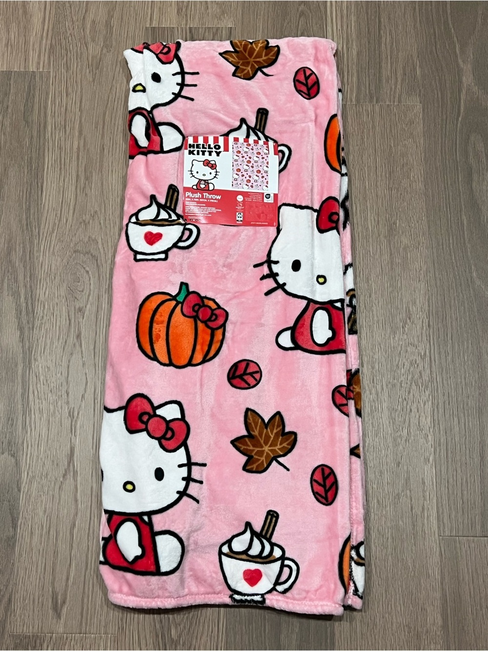 HELLO KITTY Pink Plush Throw Blanket 50x70 Fall Leaves Pumpkin Coffee Latte NWT